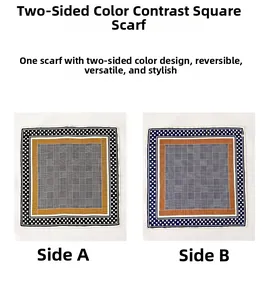 Detail view of a double-sided silk scarf featuring contrast polka dots and plaid patterns