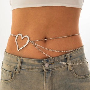 Catena da corpo multistrato argento alla moda con pendente a cuore e strass luminosi