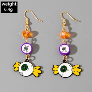 Halloween-Ohrringe mit orangefarbenen Perlen, lila Spinnenmotiven und grünen Augapfel-Anhängern