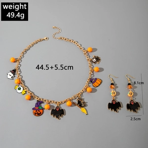 Detailed view of Halloween necklace and ghost earrings set with enamel charms and dimensions
