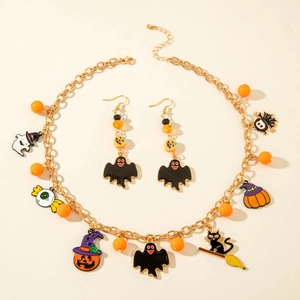 Halloween Jewelry Necklace And Earrings Alloy Enamel Pumpkin Ghost Bat Black Cat Spooky Gothic Holiday Accessories
