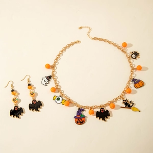 Halloween necklace and earrings set with colorful enamel pumpkin and ghost charms