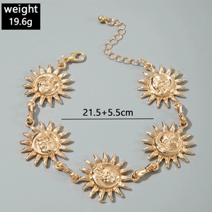 Detail view of sunflower alloy anklet with weight 19.6g and 21.5+5.5cm size markings
