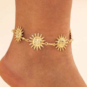 Retro Sun Face Anklet For Women Alloy Ethnic Bohemian Style Adjustable Foot Chain Jewelry Vintage Metal Sun Charms
