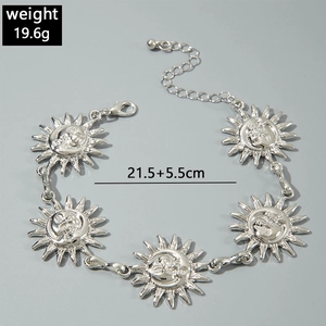 Retro sunflower anklet detail with personified face charms and sizing specifications