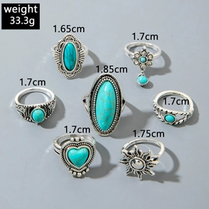 Set of 7 vintage boho rings with turquoise insets showing sizes and 33.3g weight