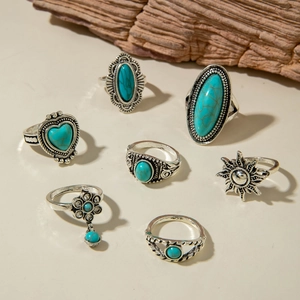 Bohemian retro turquoise ring set with geometric sunflower patterns in vintage silver finish