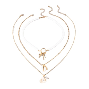 Ensemble de colliers bohème dorés avec pendentifs coquillage, perle et palmier