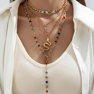 Gold Plated Iron Alloy Snake Pendant Layered Necklaces For Women Luxury Rhinestone Colorful Gemstone Y-Shaped Long Chain Jewelry