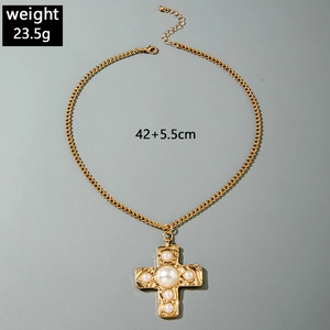 Detail of vintage gold cross necklace with pearls, 42+5.5cm length and lobster clasp