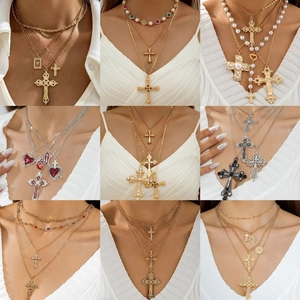 Vintage Gothic Cross Pendant Necklace Multi Layer Alloy Zircon Rhinestone Heart Enamel Jewelry For Women