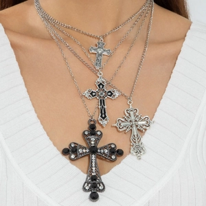 Retro gothic layered cross pendant necklace with zircon rhinestones for women