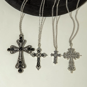 Retro gothic cross pendant necklace set with black zircons in vintage silver finish