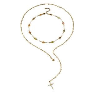 Collier multi-rangs doré avec pendentif croix, perles et papillons en émail coloré
