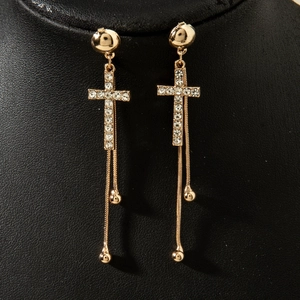 Boucles d'oreilles croix dorées vintage avec strass et longues chaînes à pompons