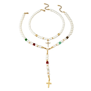 Ensemble de colliers en perles avec pendentif croix, perles colorées et design en Y