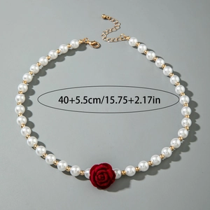 Detailed view of pearl necklace with red rose pendant and 40cm plus 5.5cm extension chain