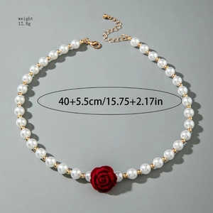 French retro pearl necklace with a red velvet rose and gold lobster clasp detail