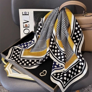 Women 100% Mulberry Satin Square Scarf Houndstooth Polka Dot Twill Print Neck Decorative Elegant Versatile Accessory