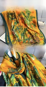 Detail showing high-quality silk scarf with bamboo print and fine stitched edges