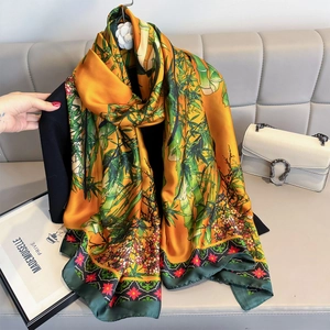 Elegant Faux Satin Scarf Long Shawl Bamboo Floral Print Lightweight Satin Vintage Chinese Style For Women
