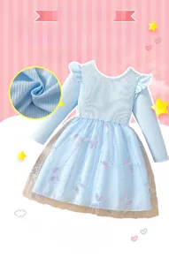 Détail de robe de fille bleue à manches longues avec broderie papillon et jupe mesh