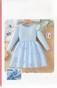 Détail de la robe tricotée bleu clair pour filles avec jupe en tulle et papillons