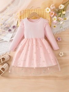 Girls' Long Sleeve Ribbed Knit Mesh Tulle Dress With Daisy Embroidery Pink Princess Party Dress For Kids
