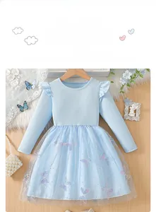 Détail de la robe fille bleu clair avec broderie papillon et texture de jupe en tulle