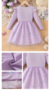 Vue détaillée d'une robe violette pour fille avec broderie papillon et couches de tulle