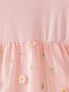 Pink girl's dress with ribbed knit top and daisy embroidered tulle skirt detail