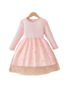 Pink long sleeve girl dress with knit top and white daisy embroidery tulle skirt