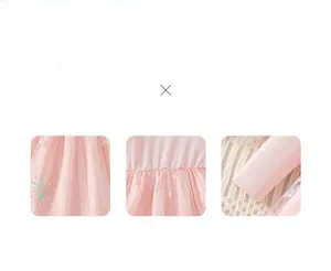 Détails de robe rose fille avec broderies à paillettes et poignets en maille côtelée