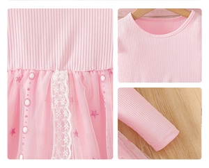 Detail of pink girls dress with mesh skirt, star sequins and white lace floral embroidery
