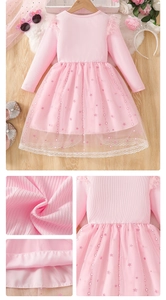 Detail of girls' sweet pink princess dress with star sequins and lace flutter sleeves