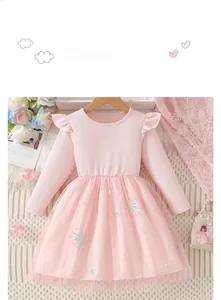 Détails de la robe princesse rose à manches longues avec broderie flocon et jupe en tulle