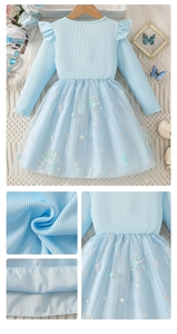 Détails du corsage en tricot bleu et jupe en tulle avec broderie de flocons de neige