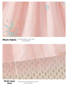 Gros plan détaillé de la robe de princesse en tulle rose avec broderie florale à paillettes