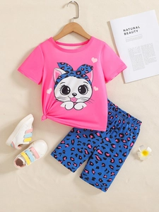 Girls Summer Clothing Outfit Cotton Cartoon Kitty Short Sleeve Top And Leopard Print Shorts Pink Casual Wear