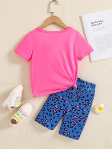 Pink toddler girl short sleeve t-shirt with knot hem and leopard print shorts set