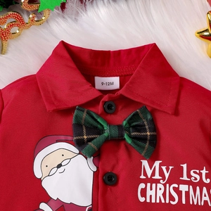 Detail of red Christmas baby bodysuit with My 1st Christmas print and plaid bowtie