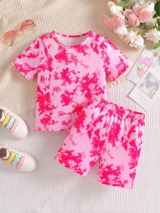 Girls Tie Dye Summer Clothing Set Casual Short Sleeve T-Shirt And Elastic Shorts Cotton Blend T-Shirt And Shorts Sport Suit