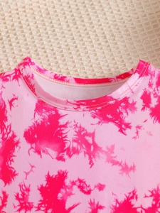 Girl's pink tie-dye tracksuit top with high-quality stitching and round neckline details
