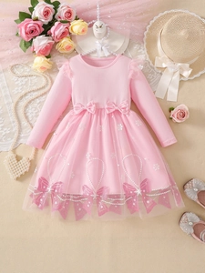 Girls Long Sleeve Princess Dress Cotton Blend Ribbed Top Mesh Patchwork Skirt With Snowflake Bowknot For Party Spring Autumn