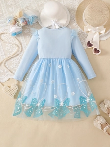 Light blue girls long sleeve princess dress with snowflake mesh skirt and bow print