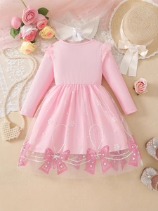 Pink long sleeve girls princess dress with snowflake pattern tulle and bow detail