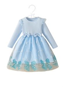 Light blue long sleeve girls dress with snowflake mesh skirt and bow details
