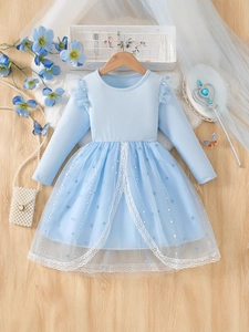 Light blue girls long sleeve princess dress with star tulle skirt and lace details