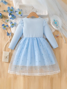 Sweet light blue princess dress for girls featuring star sequins and lace hemline