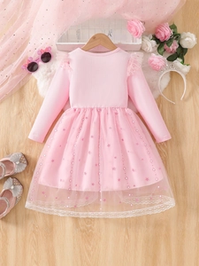 Sweet pink long-sleeved princess dress for girls with sequined star tulle and lace hem